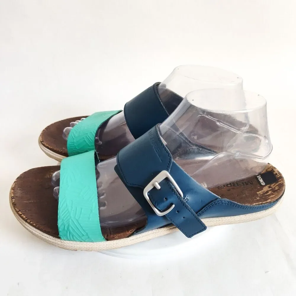 Merrell‎ Comfort Sandals Womens 10 Poseidon Blue Teal Leather Slip On Strappy